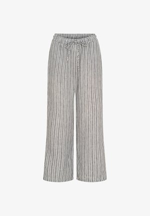 Linnedragter med striber i grå og hvid, med elastisk talje og bred ben-design, der har en tekstureret overflade og lodrette striber.