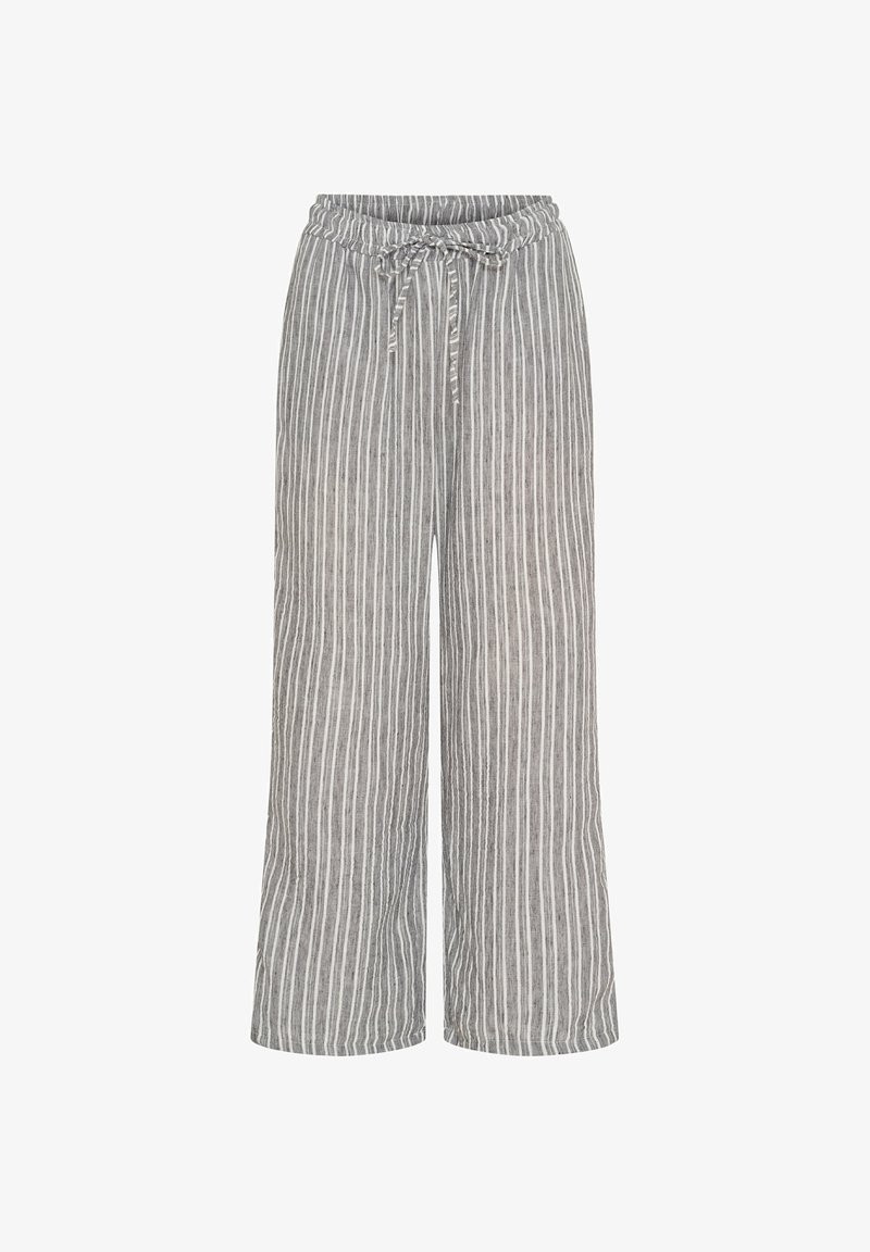 Linnedragter med striber i grå og hvid, med elastisk talje og bred ben-design, der har en tekstureret overflade og lodrette striber.