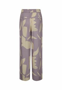 Lightweight, wide-leg trousers in lavender with large beige abstract shapes. Features an elastic waistband and two back pockets.