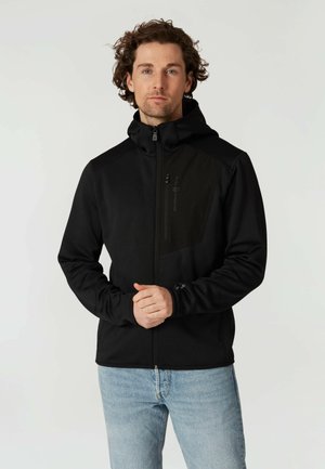 Schwarze Zip-Up-Jacke mit Kapuze, aus strukturiertem Stoff, tailliertem Design und kontrastierendem schwarzen Einsatz auf der Vorderseite mit Logodetail.