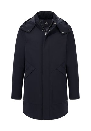 Marineblaue wasserdichte Jacke mit Reißverschluss, verstellbarer Kapuze und Seitentaschen. Hat ein strukturiertes Design und eine glatte Textur.