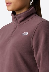 Fleece pullover in mauve met een half-geverfde kraag. Bevat het witte logo van The North Face op de borst. Zacht van textuur en een relaxte pasvorm.
