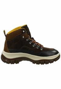 Braune Wanderschuhe aus Wildleder und Leder, Hochformat-Design, gelinde Fleece-Futter, Metallösen und robuste Gummisohle.