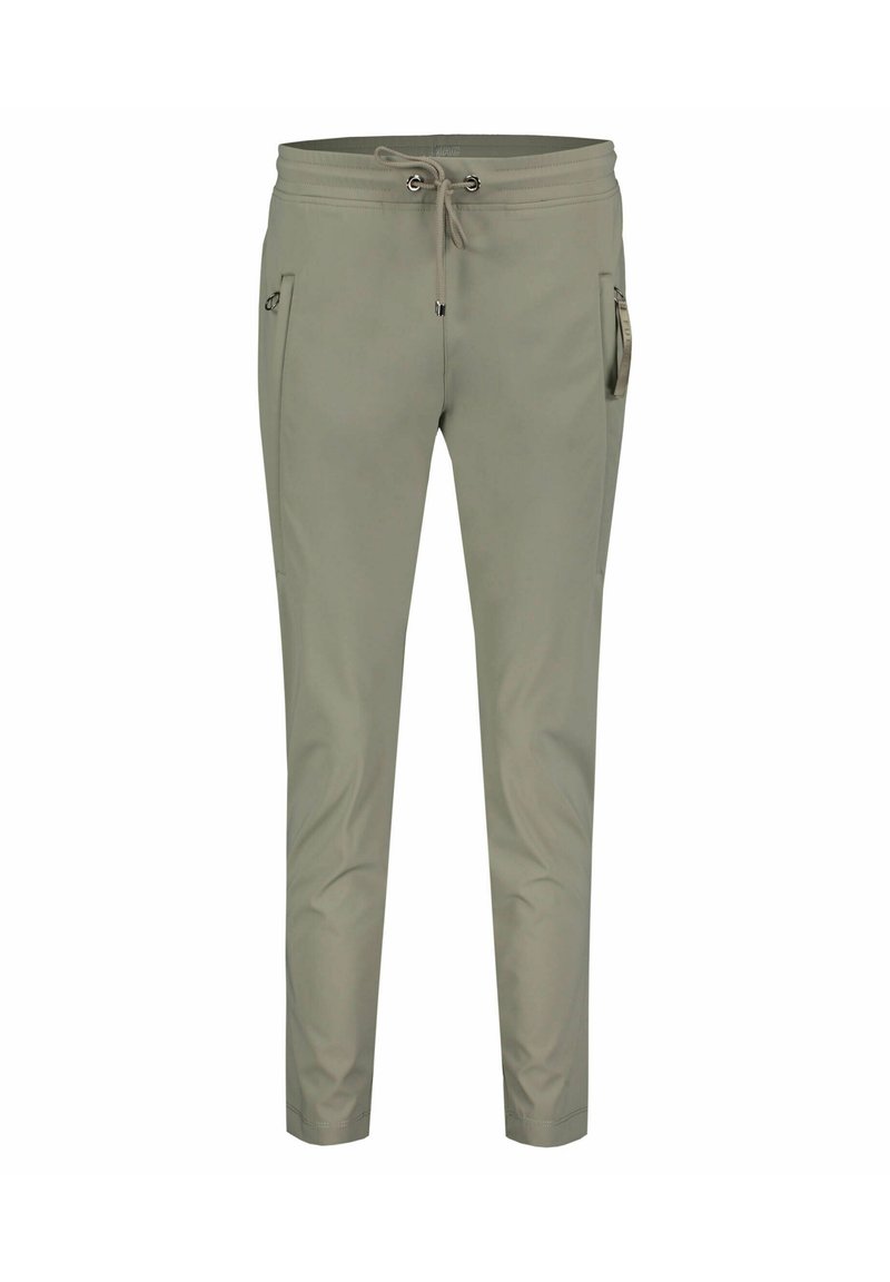 Lyse khaki joggebukser lavet af et glat, strækbart stof. Har en elastisk linning med snor, lynlås lommer og tapered ben.