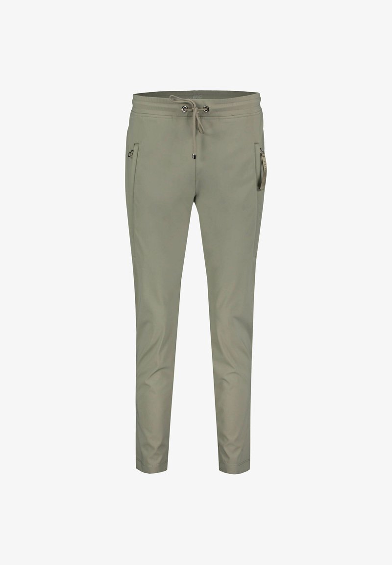 Svetle khaki jogger kalhoty vyrobené z hladkého, pružného materiálu. Obsahují elastický pas se šňůrkou, zipové kapsy a zúžené nohavice.