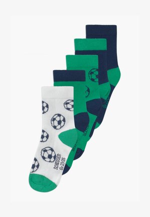 Five pairs of children's socks in varying colors: white with navy soccer balls, green with navy accents, and solid navy. Cotton blend, crew length.