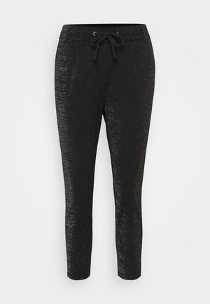 Black pants with a shiny texture, featuring a drawstring waist, two front pockets, and tapered legs for a fitted appearance.