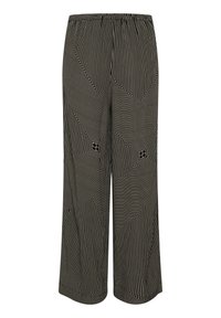 Pantaloni a gamba larga in bianco e nero con un motivo a strisce geometriche, cintura elastica e una texture di tessuto morbido. Presentano accenti con logo quadrato.