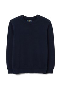 Maglione lavorato a maglia blu navy con collo rotondo, maniche lunghe e polsini e orlo a coste, realizzato in un tessuto morbido e liscio.