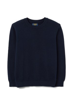 Pull en maille bleu marine avec un col rond, des manches longues, et des poignets et un ourlet côtelés, fabriqué à partir d'un tissu doux et lisse.