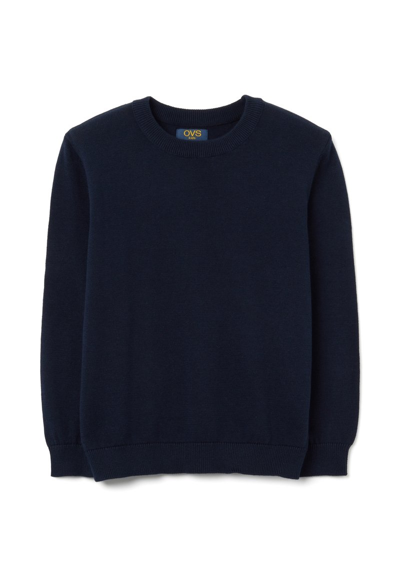 Maglione lavorato a maglia blu navy con collo rotondo, maniche lunghe e polsini e orlo a coste, realizzato in un tessuto morbido e liscio.
