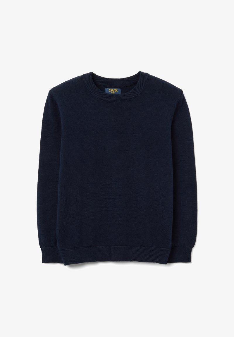 Maglione lavorato a maglia blu navy con collo rotondo, maniche lunghe e polsini e orlo a coste, realizzato in un tessuto morbido e liscio.