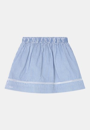 Jupe à rayures verticales bleues et blanches avec taille élastique et fine bordure en dentelle près de l'ourlet, vue à plat sur fond blanc.
