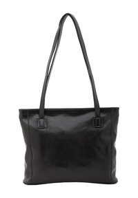 Zwarte leren tote bag met twee lange handvatten, een gladde textuur, rechthoekige vorm en zichtbare stikdetails. Geen extra patronen.