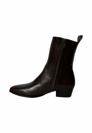 Dark brown leather ankle boot with side zipper, low block heel, pointed toe, and pull tab at the back.