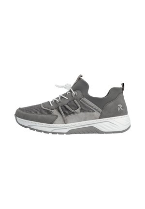 Gray and white low-top sneaker with mesh and suede panels, white laces with toggle, and cushioned sole with tread pattern.