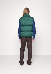 Grøn puffer vest med høj krave, quiltet design og frontpolstring, båret over en blå skjorte, parret med brune bukser. Ensfarvet baggrund.