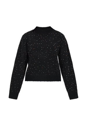 Czarny sweter z dzianiny z okrągłym dekoltem i długimi rękawami, ozdobiony kolorowymi plamkami na całej powierzchni oraz ściągaczem u dołu.