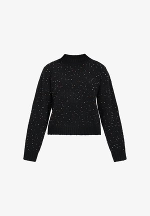 Czarny sweter z dzianiny z okrągłym dekoltem i długimi rękawami, ozdobiony kolorowymi plamkami na całej powierzchni oraz ściągaczem u dołu.