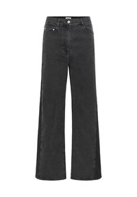Schwarze weit geschnittene Jeans aus Denim mit hoher Taille, Fronttaschen und einem Knopfverschluss. Glatte Textur mit minimaler Ausstattung.
