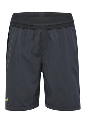 Czarne spodenki sportowe z elastycznym pasem i małym jasnzielonym logo w pobliżu dolnego brzegu na lewej nodze.