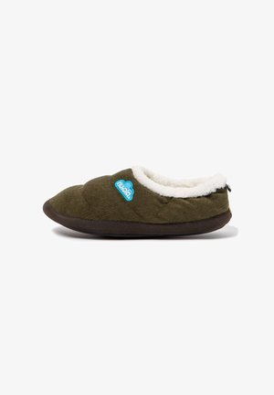 Green corduroy slipper with a plush white lining, dark sole, and blue cloud logo. Features a rounded toe and a slip-on design.