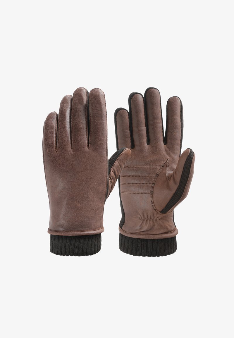 Rudos odinės pirštinės su juodais ribotais megztiniais. Ypatybės: siuvinėtos detalės ir lygi apdaila. Idealiai tinka šaltam orui.