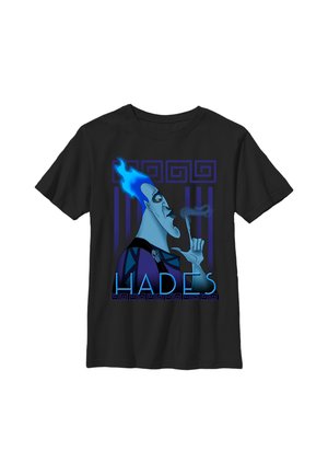 Czarny t-shirt z niebieską animowaną postacią o niebieskich włosach przypominających płomienie oraz słowem "HADES" poniżej, z greckimi wzorami w tle.