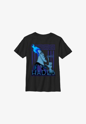 Sort t-shirt med en blå animeret figur med blå flammehår og ordet "HADES" nedenunder, med græsk-stil mønstre i baggrunden.