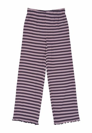 Pantalon à jambes larges avec des rayures horizontales alternées violet foncé et violet clair et un ourlet à volants en bas.