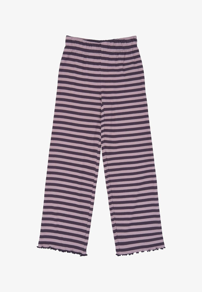 Pantalon à jambes larges avec des rayures horizontales alternées violet foncé et violet clair et un ourlet à volants en bas.