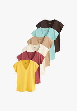 Next, REGULAR FIT - V-NECK CAP SLEEVE T-SHIRTS 6 PACK . - T-shirts basic - red green yellow beige black ecru