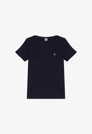 Marineblaue kurzärmelige T-Shirt mit rundem Ausschnitt und kleinem, runden weißen Logo auf der linken Vorderseite.