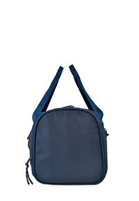 Bolso azul marino de forma rectangular, fabricado en tejido duradero, con dos asas para el hombro y un cierre con cremallera.