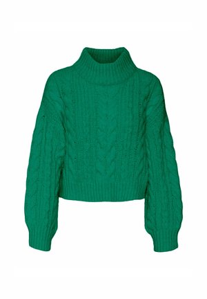 Maglione verde a collo alto a maglia grossa con motivi a cavo, maniche lunghe e voluminose, e polsini e orlo a coste.