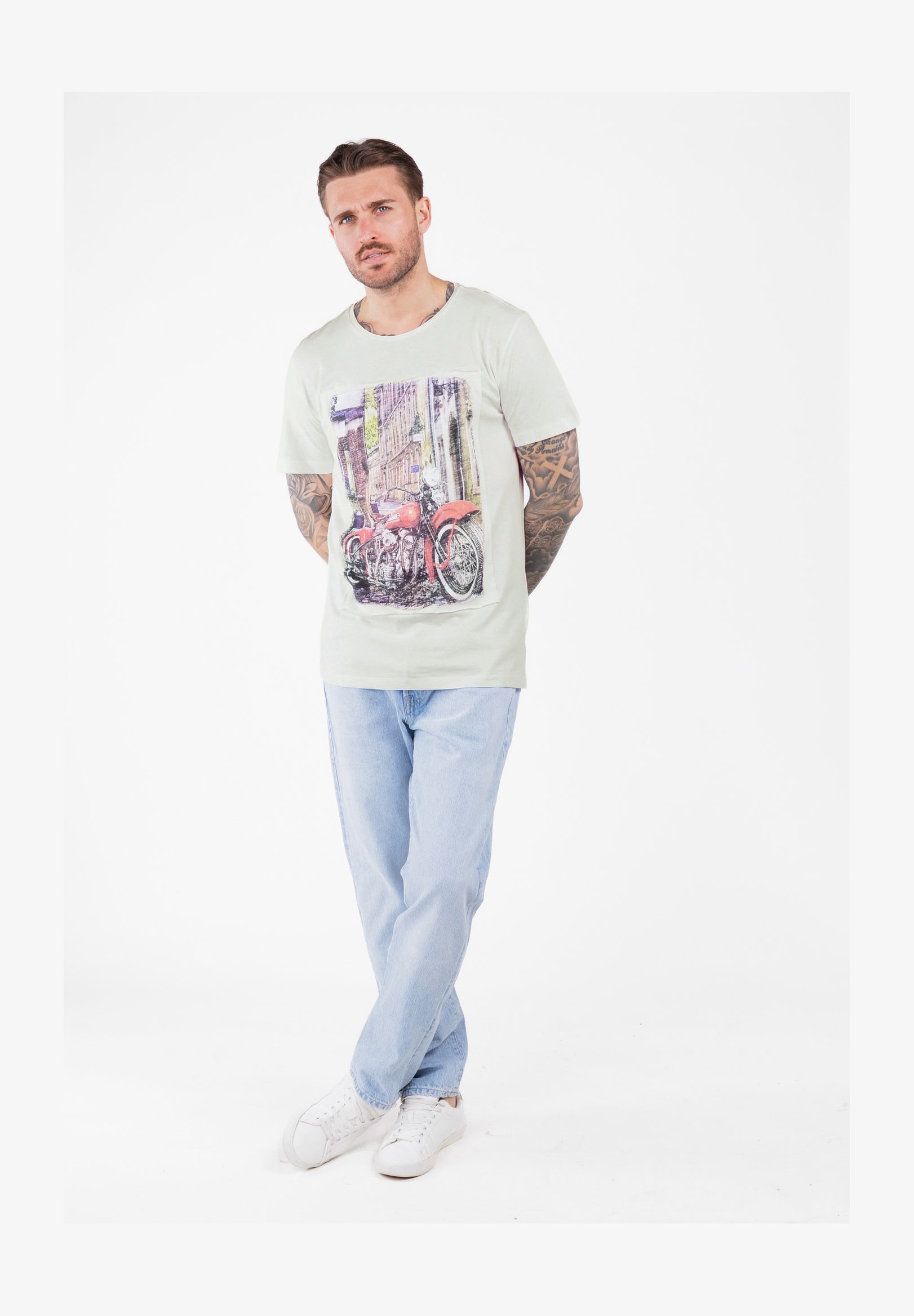 KEY LARGO T-Shirt Uomo Klrace Round - Stampata Moto Stile Artistico (Bianco)