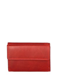 Red leather wallet with a smooth texture, rectangular shape, and stitched edges. Features a flap closure and minimalist design.