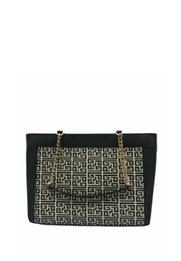 Borsa a tracolla nera con un motivo geometrico color sabbia, manici a catena dorata e una superficie liscia. Presenta una tasca frontale con una parte superiore curvata.