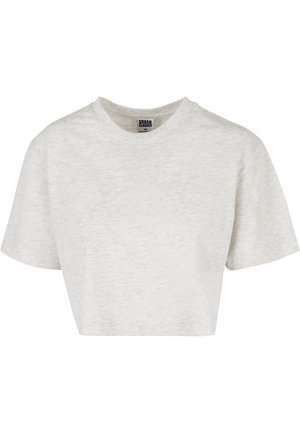 Tricou scurt cu mânecă scurtă, confecționat dintr-un material gri deschis cu nuanțe, având un guler rotund și o croială lejeră. Eticheta este vizibilă în interiorul zonei gulerului.