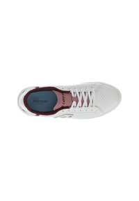 White athletic shoe with a smooth leather upper, burgundy accents on the heel and tongue, and blue memory foam insole. Features six eyelets.