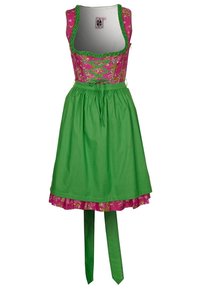 Dirndl s růžovým květinovým korzetem a zelenou sukní. Obsahuje šněrovací detail a pásek s mašlí. Volánkový lem a texturované vzory.