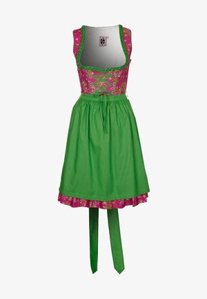 Dirndl met een roze bloemen-buste en groene rok. Voorzien van een veterdetail en een tailleband met strikken. Gerimpelde zoom en getextureerde patronen.