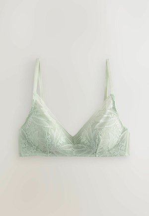 Šviesiai žalia nėrinių apatinė liemenėlė su gėlių raštais, reguliuojamomis satino petnešėlėmis ir be siūlių dizainu, sukurianti švelnių tekstūrą.