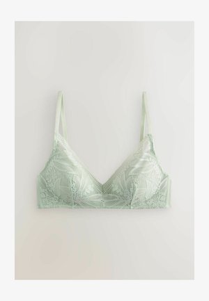 Lace bralette in Lichtgroen met bloemmotieven, verstelbare satijnen bandjes en een naadloos ontwerp met een zachte textuur.
