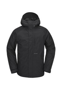 Chaqueta impermeable negra con capucha, bolsillo en el pecho con cremallera, puños elásticos y dobladillo recto. Fabricada con material duradero y suave.