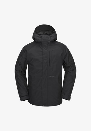 Chaqueta impermeable negra con capucha, bolsillo en el pecho con cremallera, puños elásticos y dobladillo recto. Fabricada con material duradero y suave.