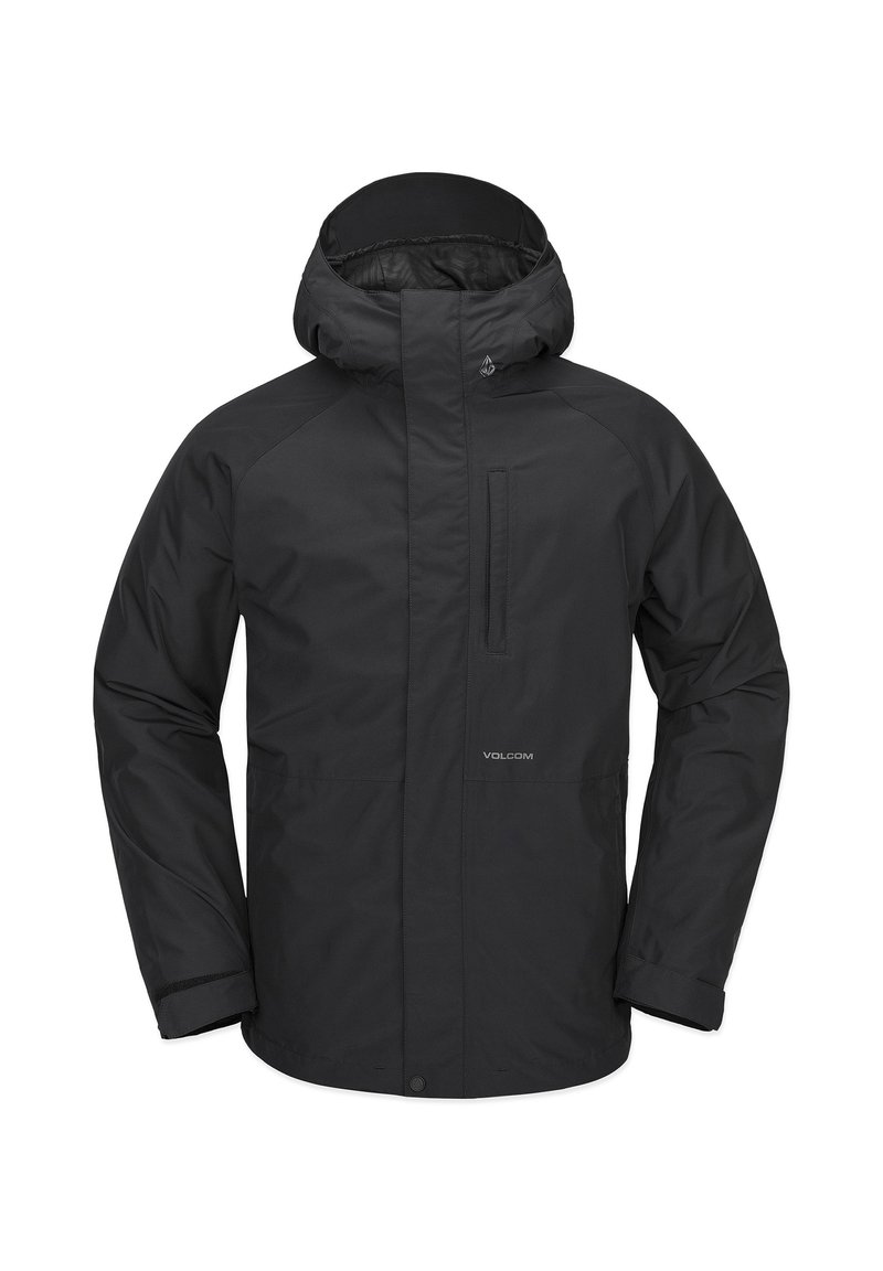 Chaqueta impermeable negra con capucha, bolsillo en el pecho con cremallera, puños elásticos y dobladillo recto. Fabricada con material duradero y suave.