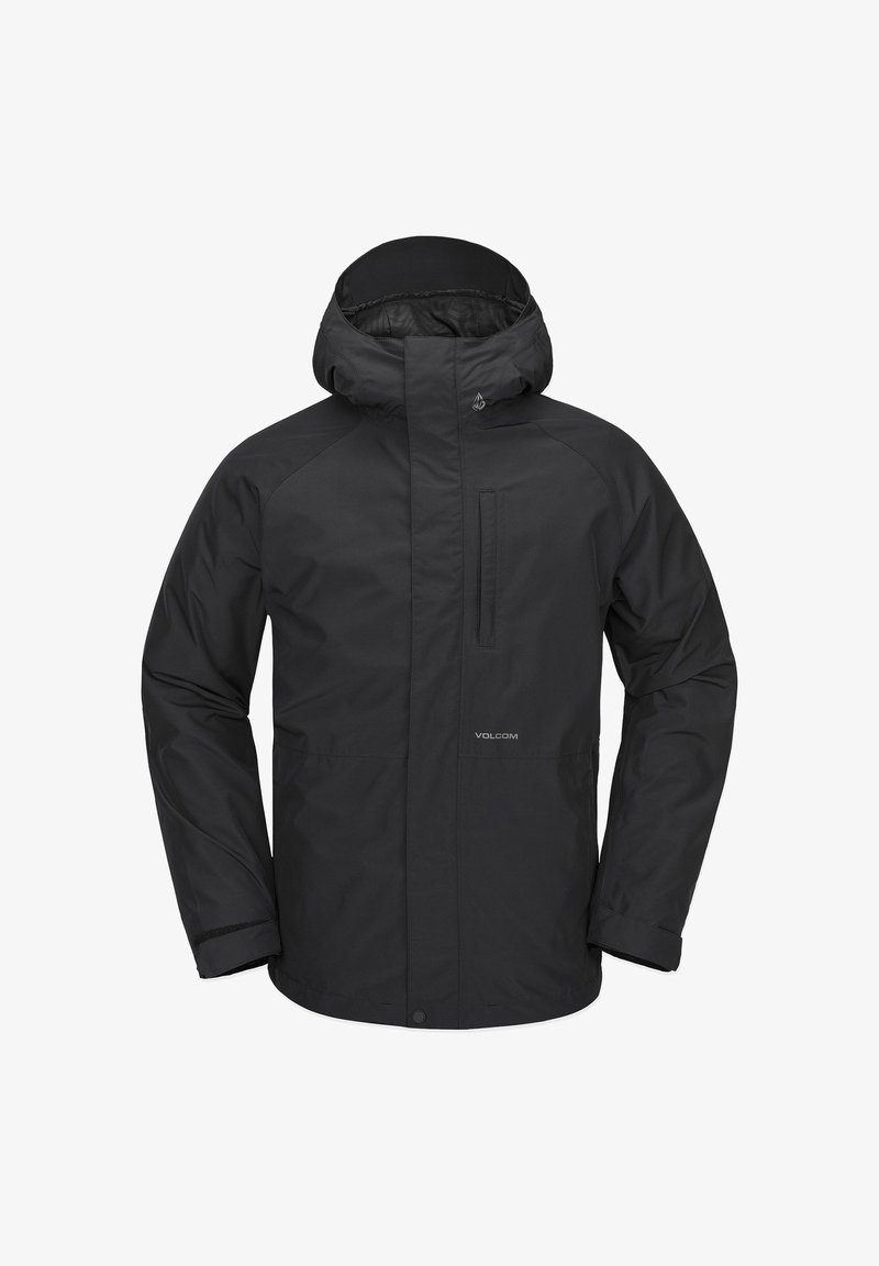 Chaqueta impermeable negra con capucha, bolsillo en el pecho con cremallera, puños elásticos y dobladillo recto. Fabricada con material duradero y suave.