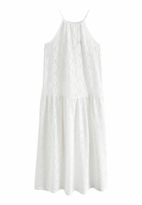 Robe blanche sans manches avec un col halter, présentant un motif en zigzag texturé et une jupe à volants pour plus de volume.