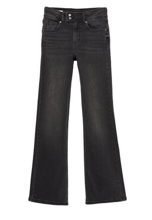 Svart tvättade denimjeans med utsvängd benflare, framfickor, bältesömmar och dubbelknäppning i midjan.